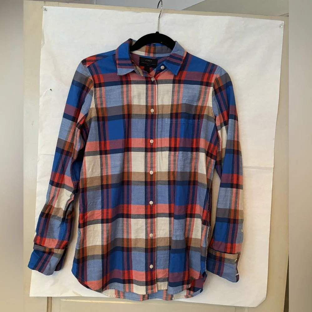 J.Crew Blue Red Plaid Button Down Shirt Boy style size 0 - Picture 1 of 6